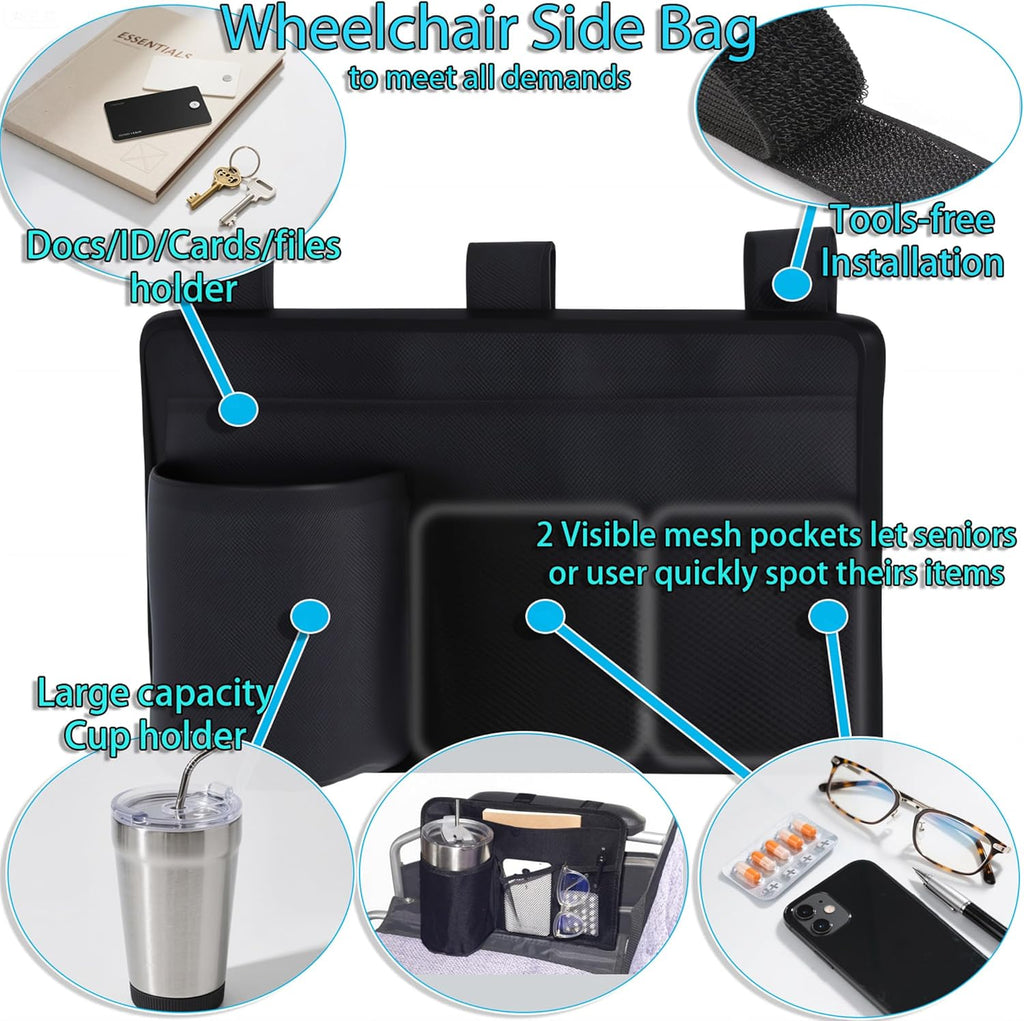 Wheelchair Accessories 2-Pack Set: Wheelchair Side Bag with Cup Holder & Back Bag - Fits All Wheelchairs | Wheelchair