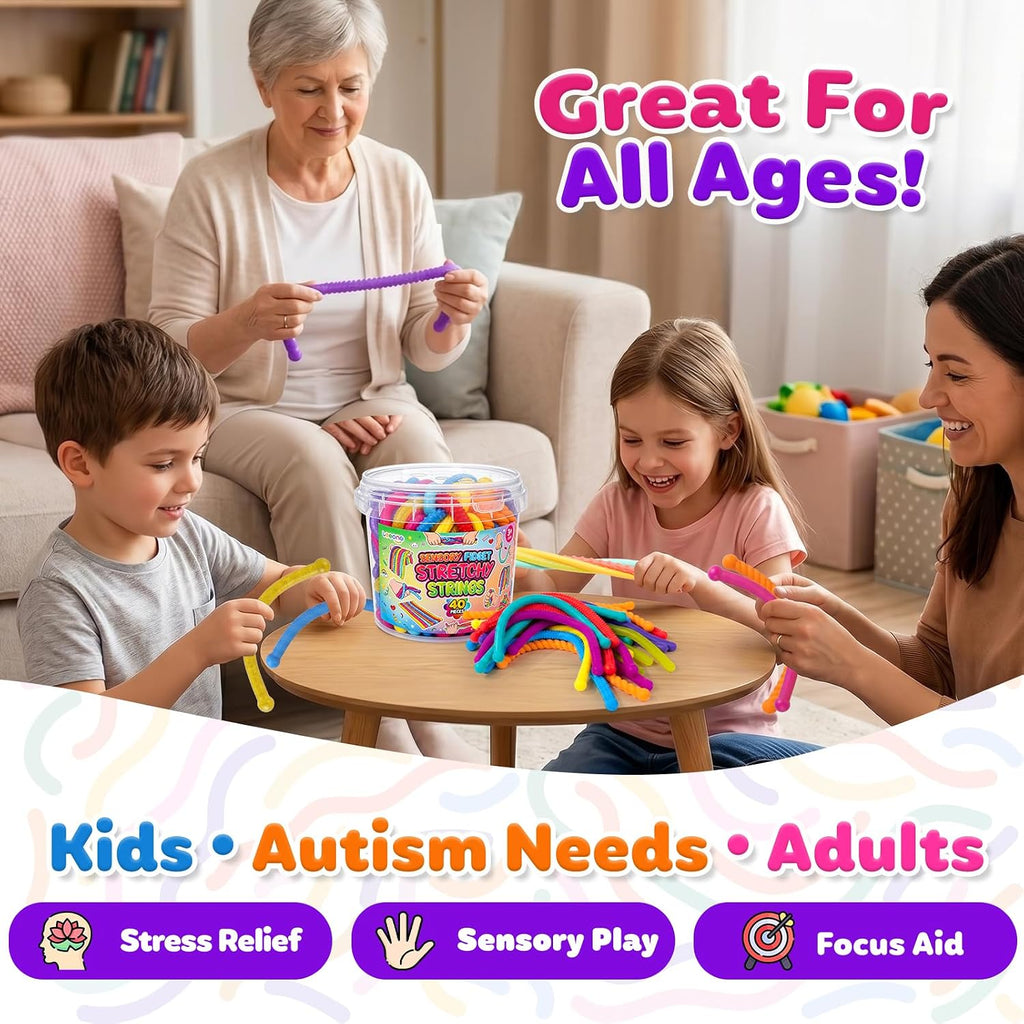 Fidget Sensory Toys for Kids, 40 Pack Textured Sensory Stretchy Noodles, Calm Down Stress Toys for Autism ADHD, Quiet