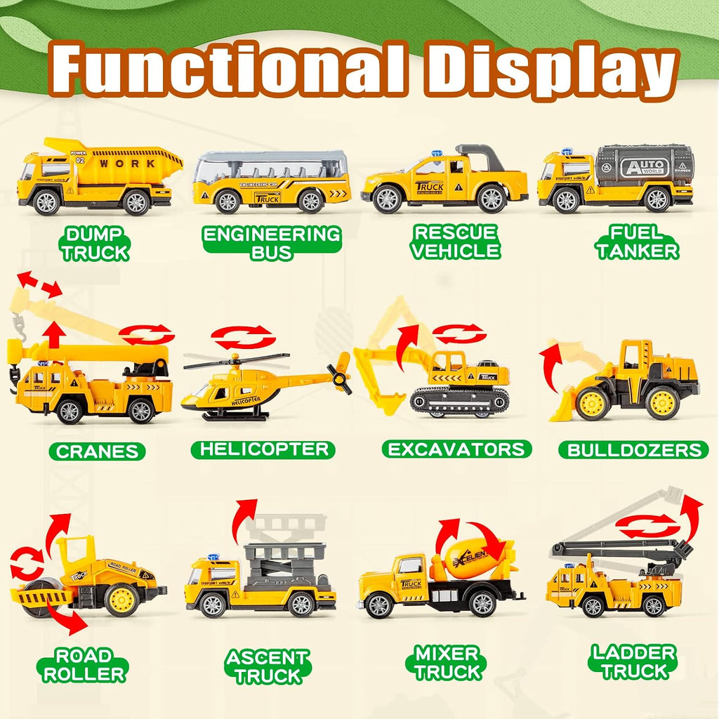 25 in 1 Die-cast Pull Back Construction Truck Vehicle Toys for 3-7Year Old Boy, Sounds and Lights in Large Carrier
