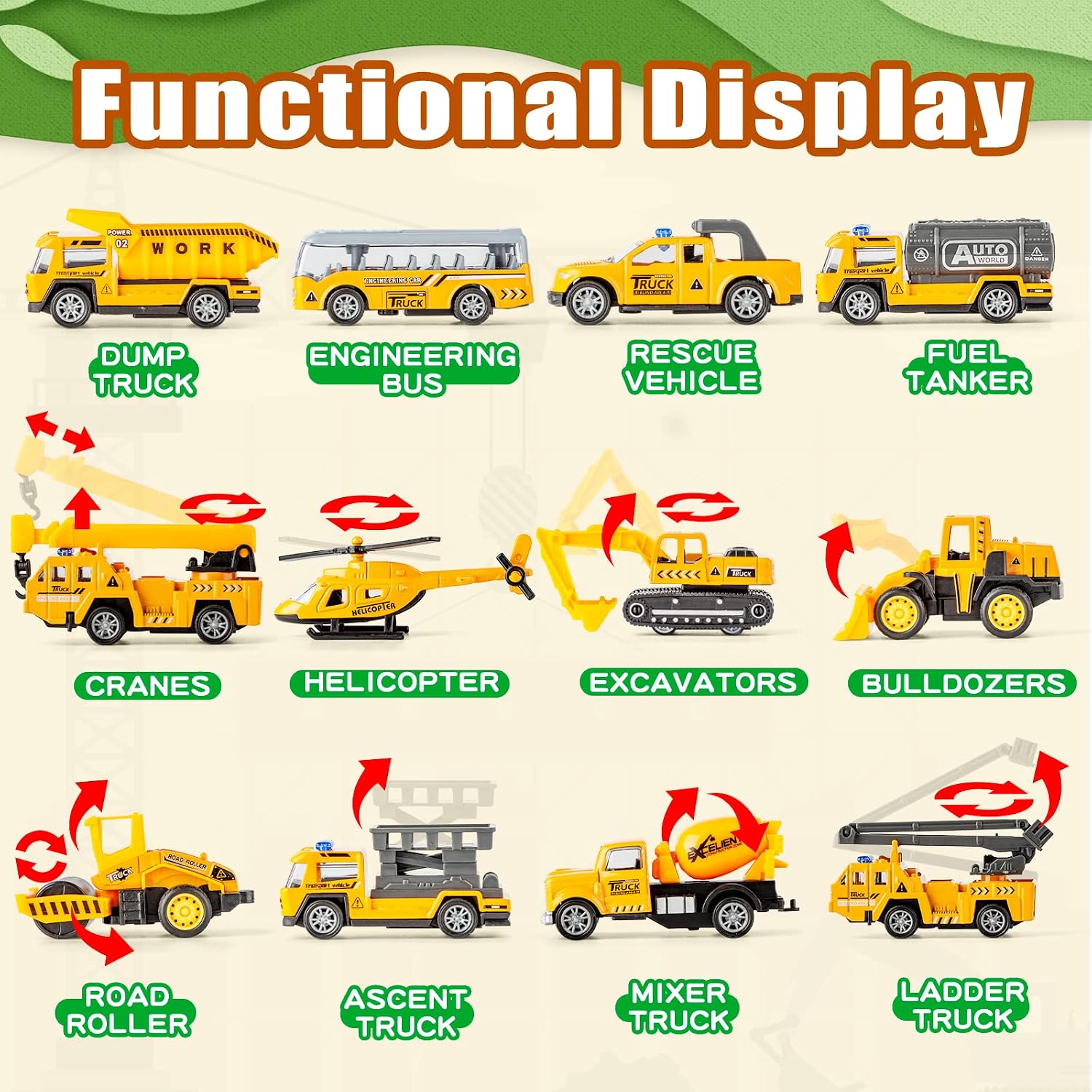 25 in 1 Die-cast Pull Back Construction Truck Vehicle Toys for 3-7Year Old Boy, Sounds and Lights in Large Carrier