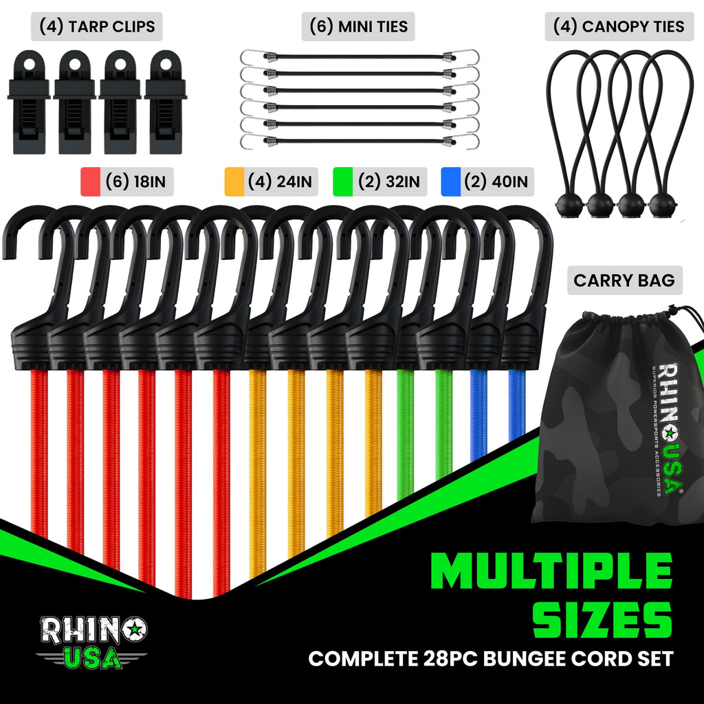 Bungee Cords with Hooks (28-Piece) - Heavy Duty Outdoor Assorted