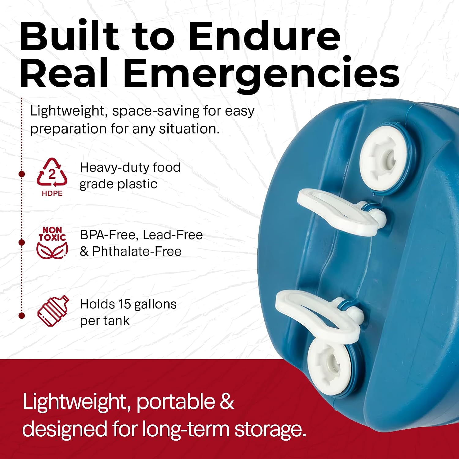 Legacy Food Storage Emergency Water Storage Container, 15 Gallon Long-Term Water Tank, BPA-Free Food Grade Plastic