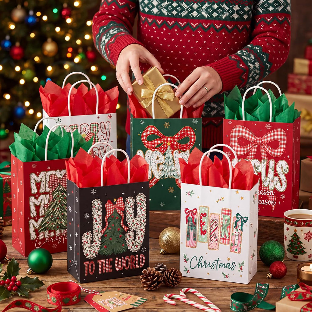 24 Pcs Christmas Gift Bags with Tissue Paper,Classic