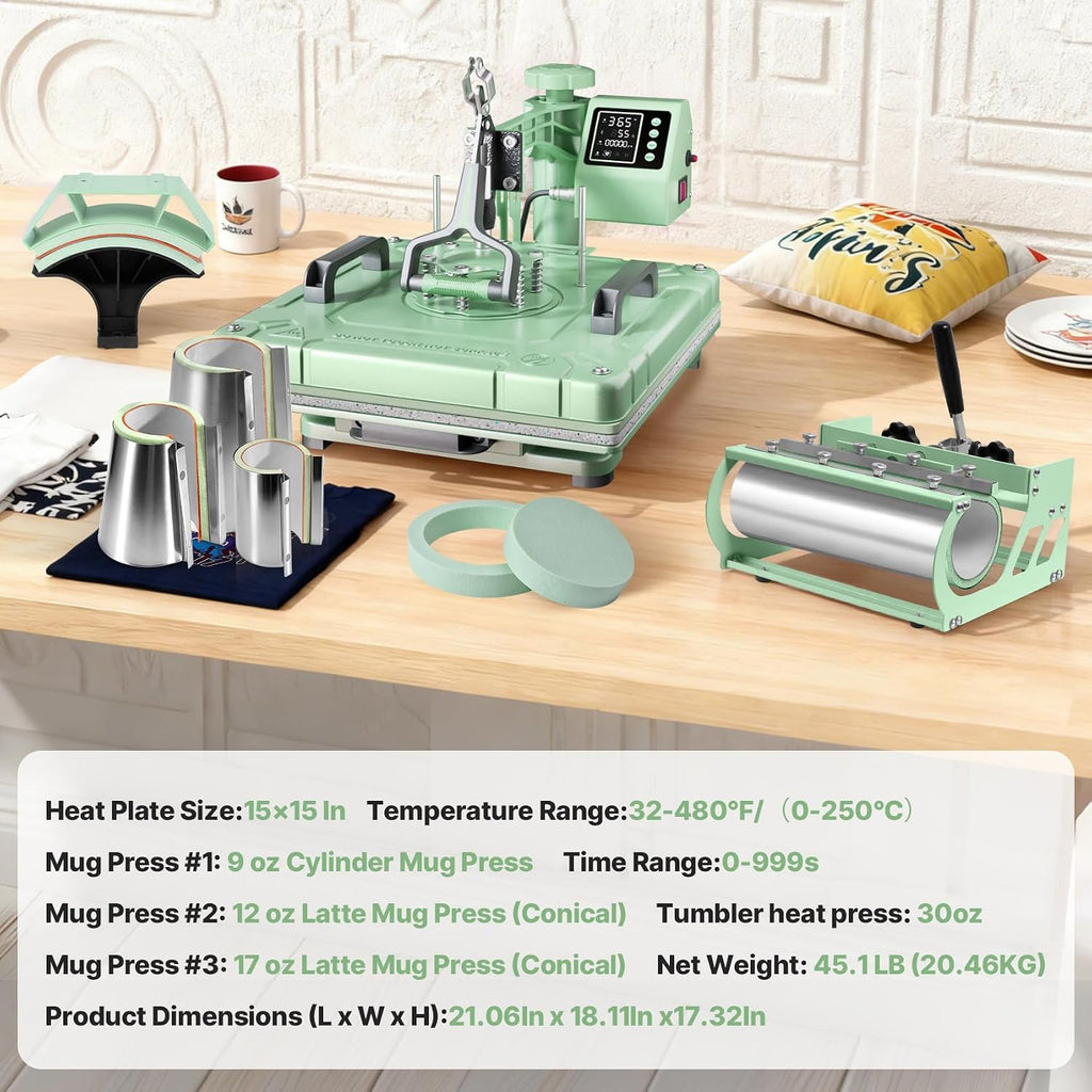 8 in 1 Heat Press Machine 15x15 Inch, Heat Press for T-Shirts, Hats | Swing Away Digital Sublimation Heat Press
