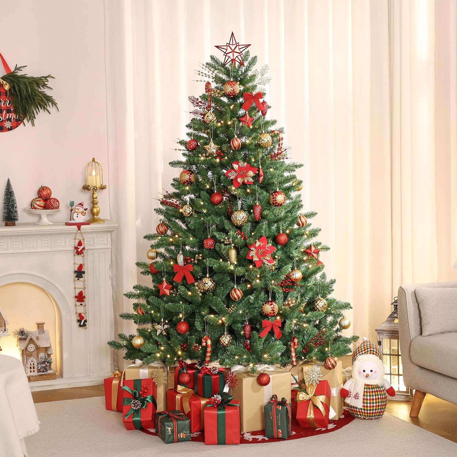 128pcs Christmas Balls Ornaments Set, Red and Gold | Shatterproof Plastic Baubles Christmas Flowers, Tree Topper &