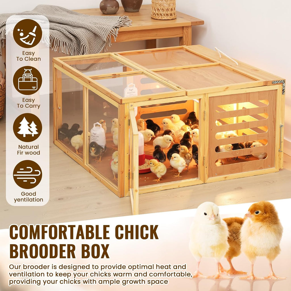Large Chicken Brooder Box Kits 32x32x16 in Wooden Foldable Chick Brooder Box with Heated Light Thermometer Portable