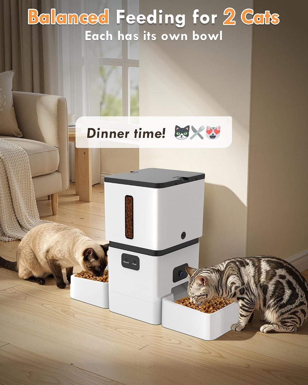 Automatic Cat Feeder for 2 Cats with Dual Bowls & Two HD Cameras