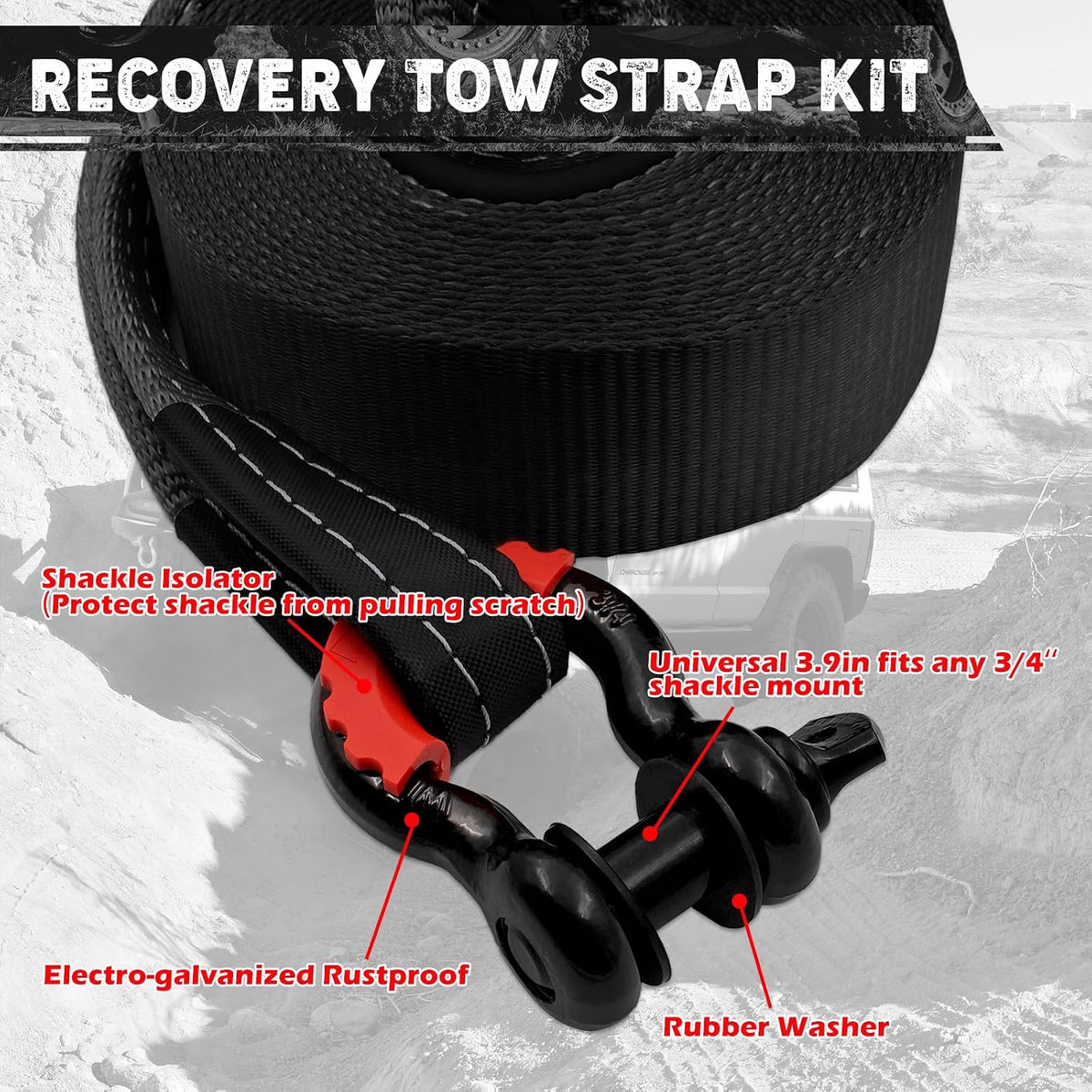Offroad Recovery Kit, 3" x 30 ft Tow Recovery Strap, 1pcs Hitch Receiver, 2pcs 3/4" D-Ring Shackles with Storage Bag