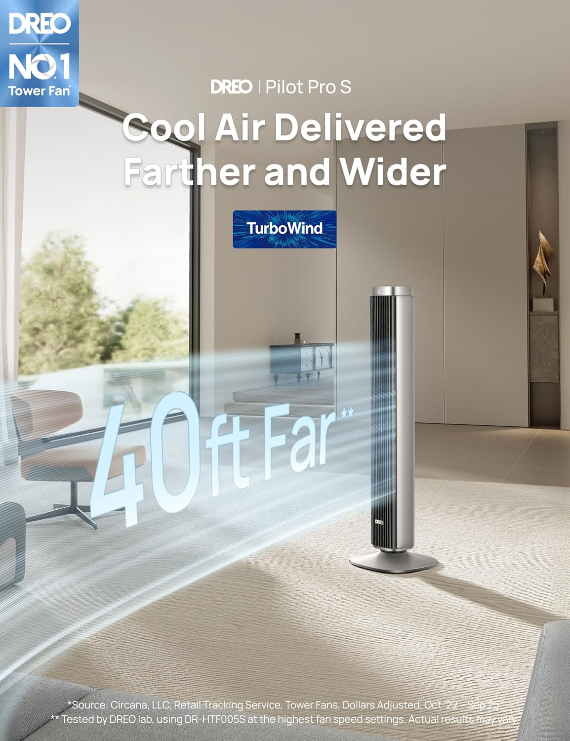Smart 42'' Tower Fan for Bedroom, 12 Speeds, 20dB Quiet Standing Fan | 40ft Far Airflow, 28 ft/s Cooling Airflow, 12
