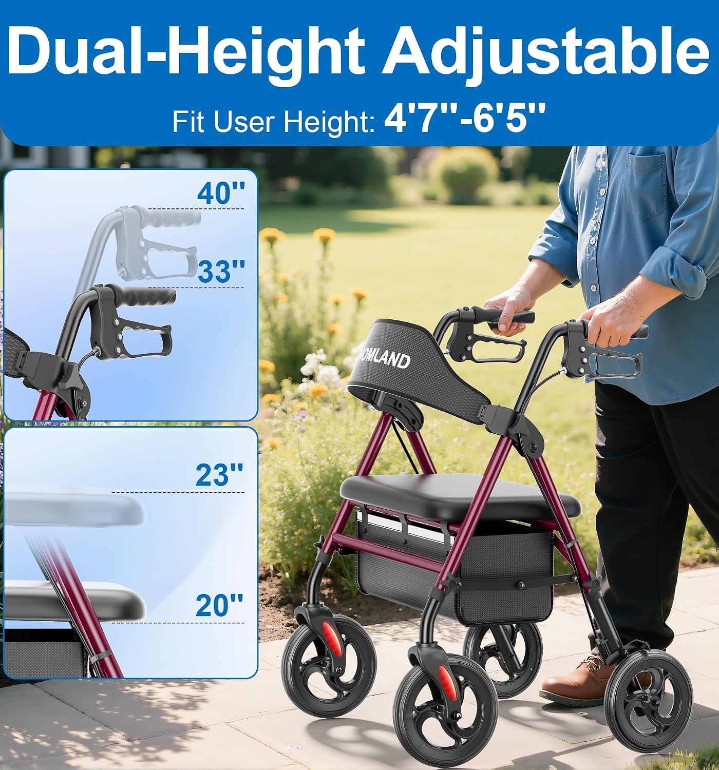 Bariatric Walkers for Seniors, 500lb Heavy Duty Rollator Walker, 19.7" Extra Wide Padded Seat, 8" All Terrain