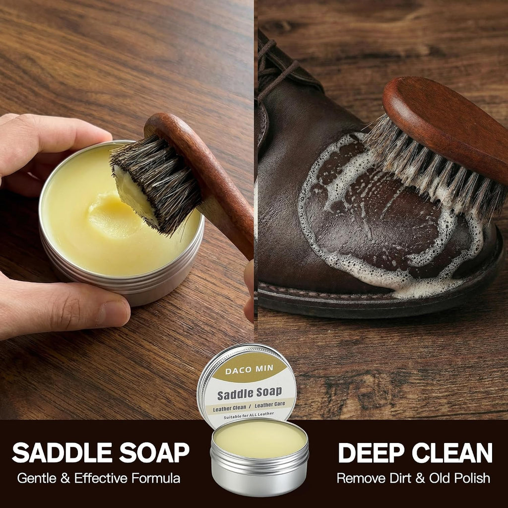 13-Pcs Complete Shoe Shine Kit & Leather Boot Care and Cleaning Kit - 100% Horsehair Brushes, Mink Oil, Saddle Soap
