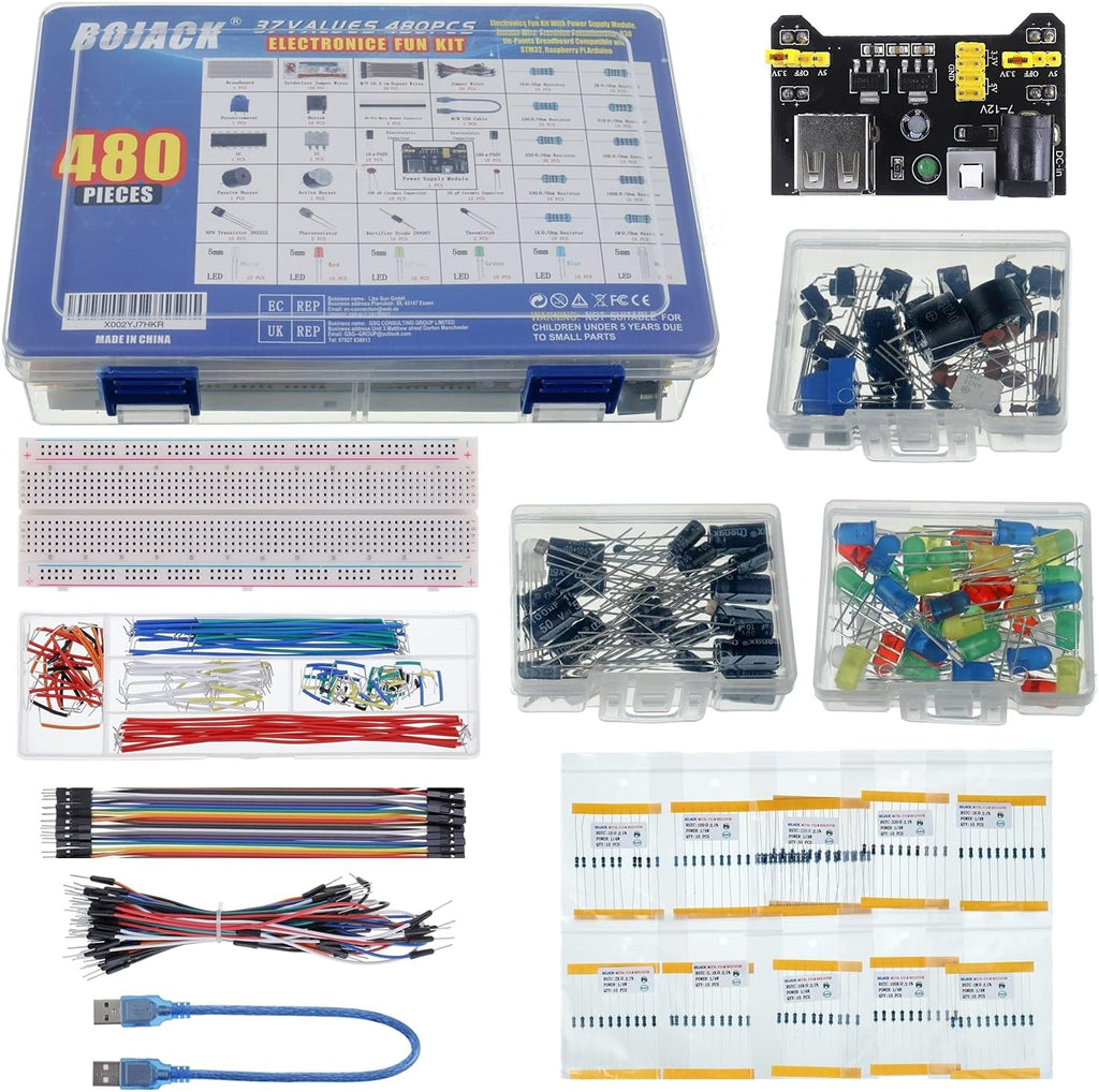 37 Values 480 Pcs Electronics Component Fun Kit with Power Supply Module, Jumper Wire,Precision Potentiometer,830