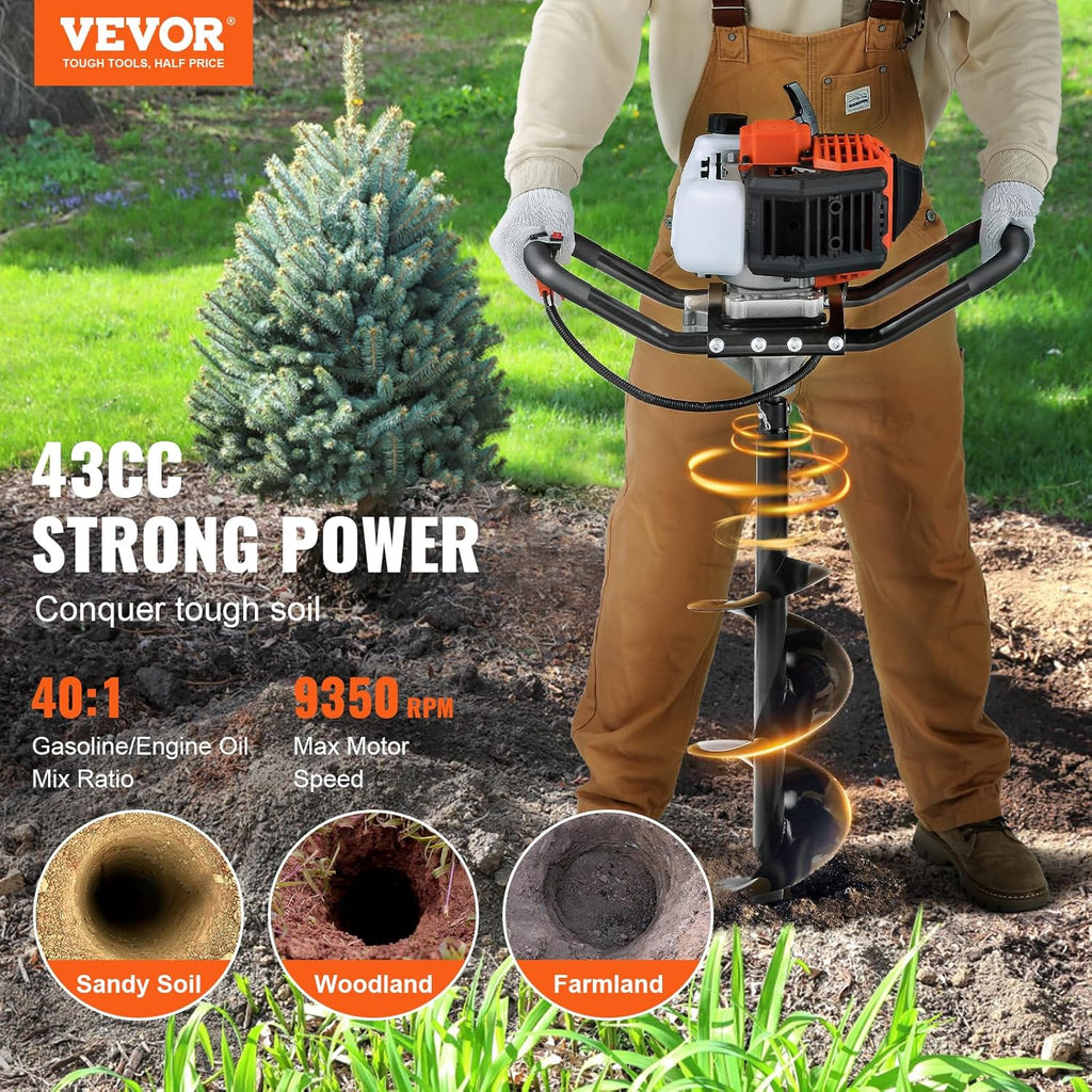 Post Hole Digger, 43cc 1250W Auger Post Hole Digger, Gas Powered Earth Digger with 8" Earth Auger Drill Bit, 30 inch