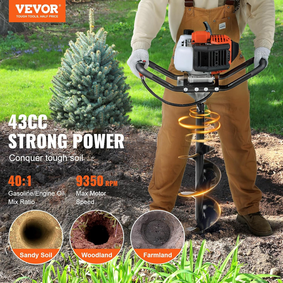 Post Hole Digger, 43cc 1250W Auger Post Hole Digger, Gas Powered Earth Digger with 8" Earth Auger Drill Bit, 30 inch