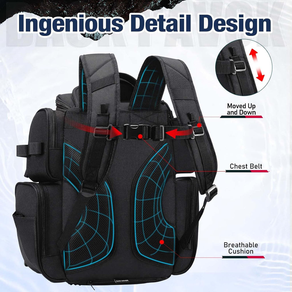 Fishing Backpack with 2 Rod Holders & 4 Tackle Boxes, Large Tackle Storage Bag With Rain Cover for Fishing Gear