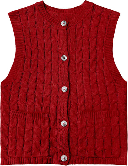 Girls Sweaters Vest Lightweight Sleeveless Cable Knit Sweater Cardigans Button Down Knitwear Tank Tops with Pockets