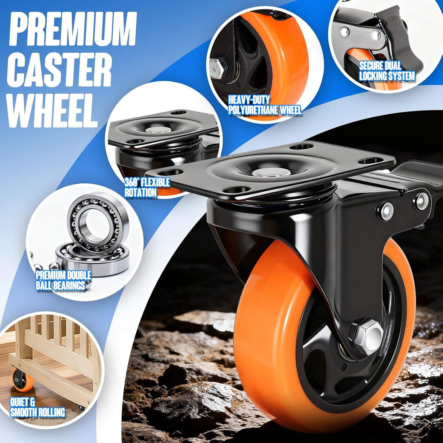 Caster Wheels, 4 Inch Caster Set of 4, Dual Locking PU Casters 2400LB, Swivel Casters for Furniture, Workbench & Tool