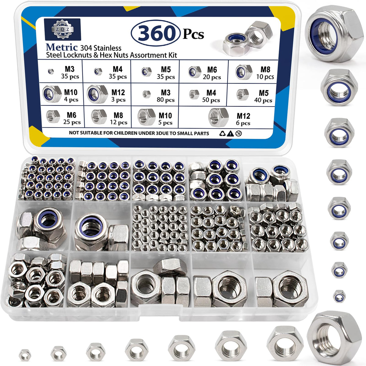 360Pcs Metric Hex Nut & Lock Nuts Assortment Kit (M3-M12) Hardware Nut