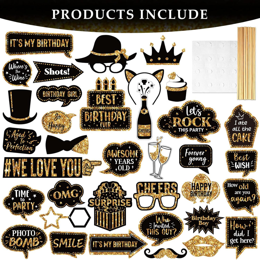 36 Pcs Birthday Photo Booth Props Kit,Gold and Black