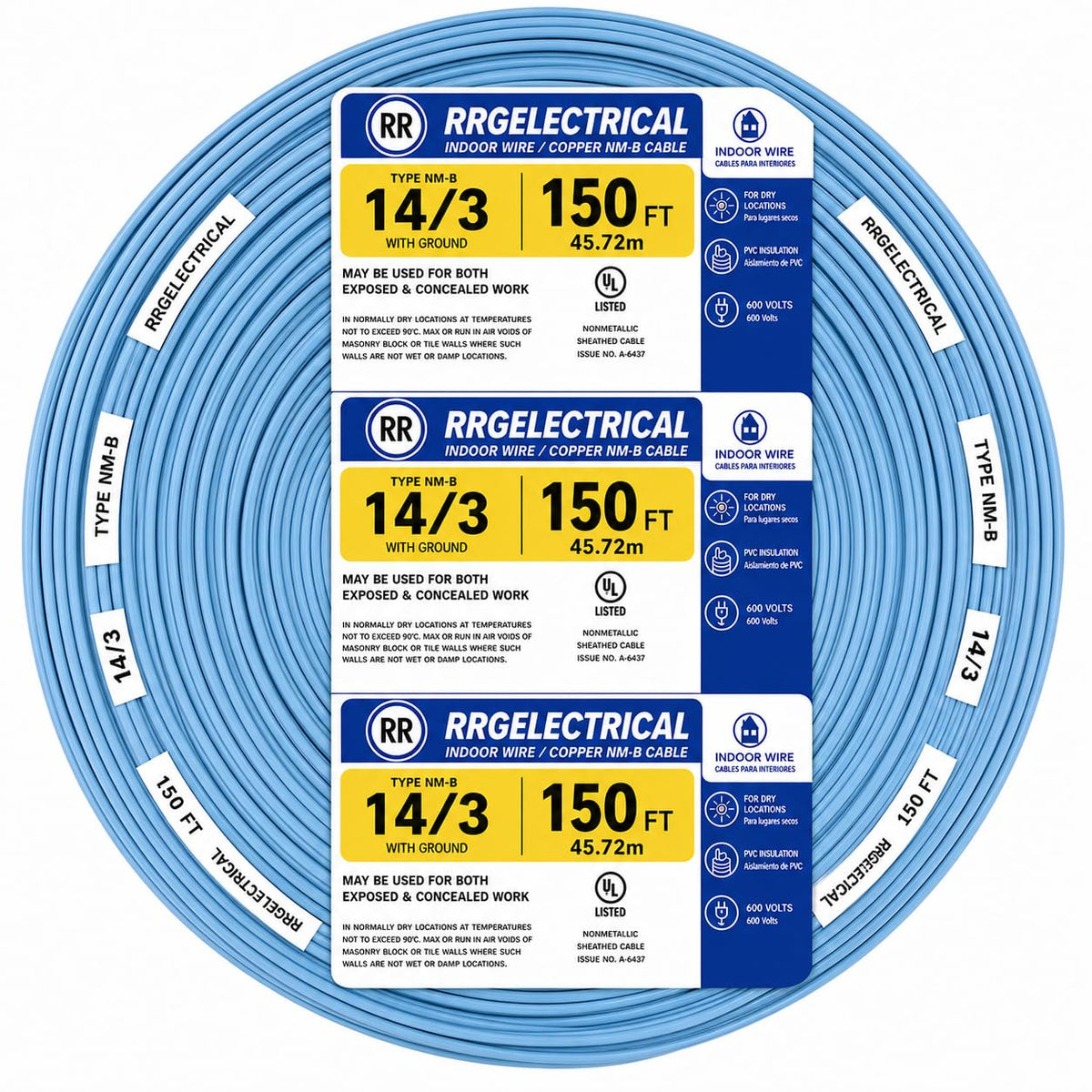 RRG Electrical 14/3 NM-B Cable with Ground, Solid Copper Indoor Electrical Wire, 600V, 15/25 / 50/100/ 150 FT