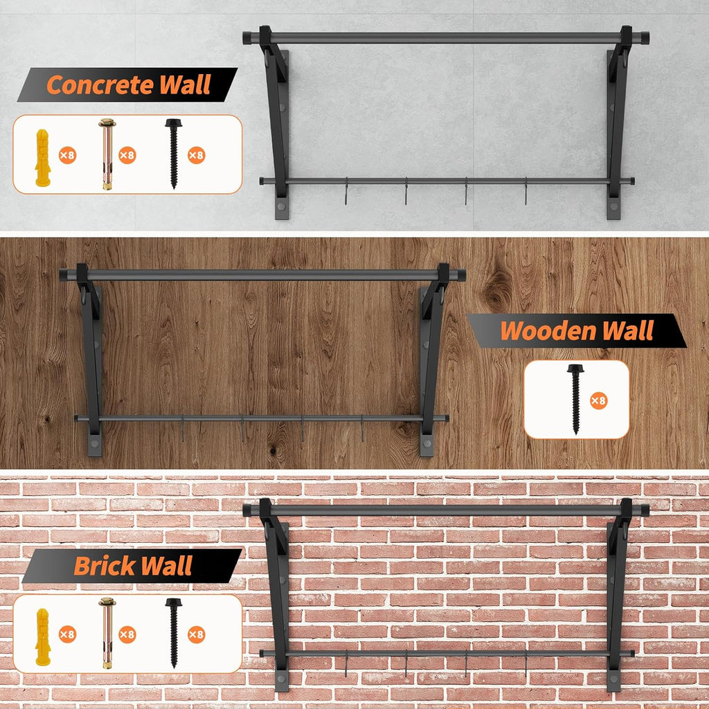 Adjustable Depth Pull Up Bar, Wall & Doorway Mounted Chin Up Bar with Hooks, Thickened Steel Construction, 500LBS