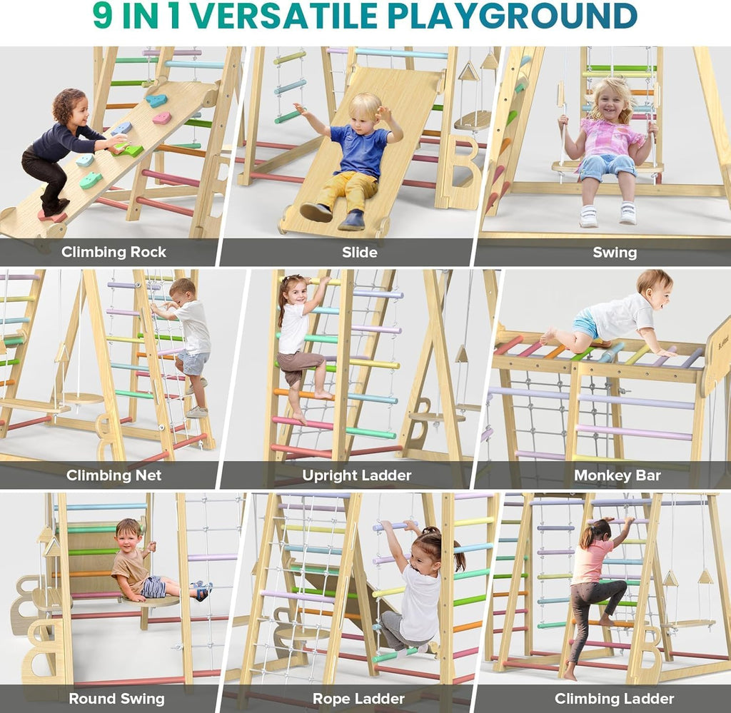 Upgraded Indoor Jungle Gym 9-in-1 Playground Kids Climbing Toys, Waldorf Style Wooden Climber Playset with Slide