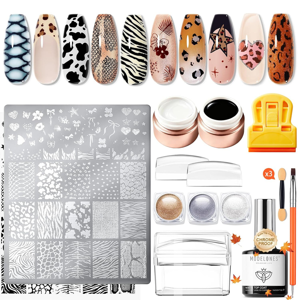 16Pcs Fall Nail Stamping Kit French Stamper Animal Print Plate