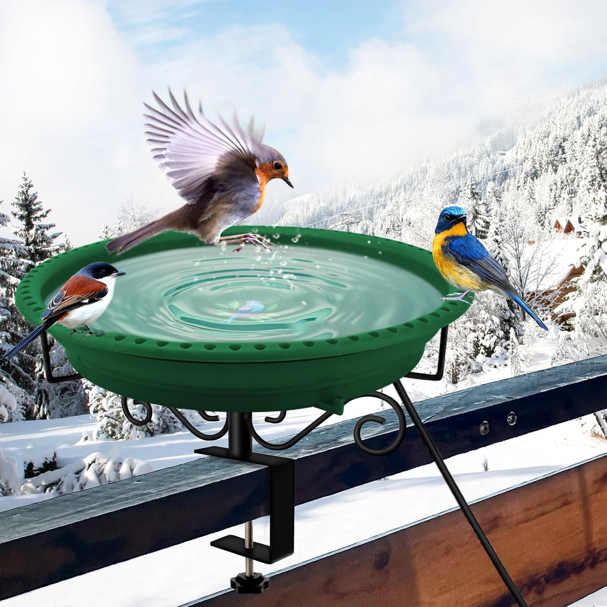 Heated Bird Bath for Outdoors Deck Railing, 100W Heated Birdbath, Green