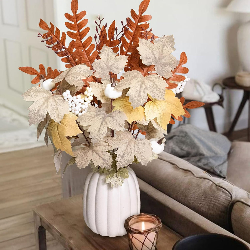 Fall Decor - Ceramic Pumpkin Vase with 15 PCS Autumn Maple Leaf Pumpkin Berry Stems - Table Centerpieces Thanksgiving