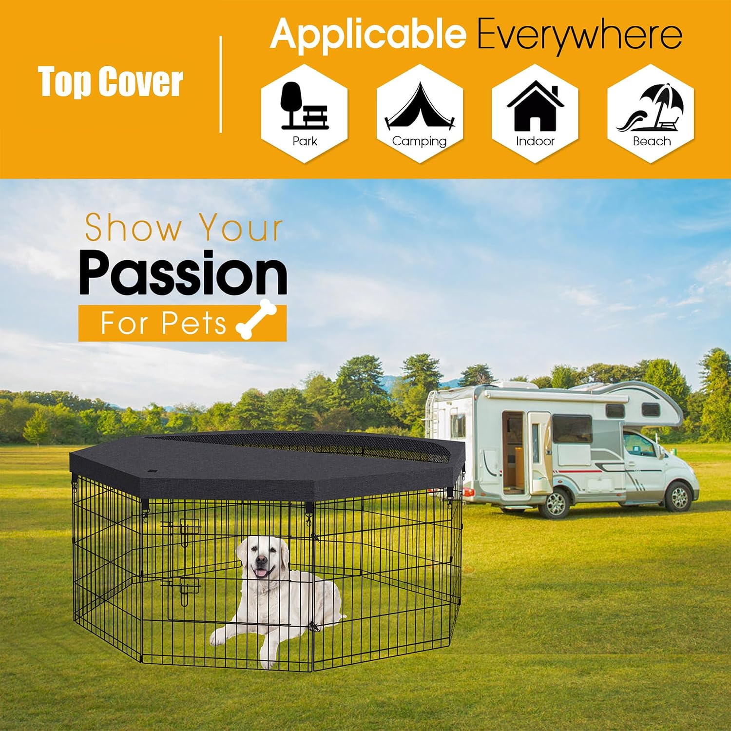 Dog Playpen Top Cover Only for 8 Panel 24 Inch Pet Playpen, Black Mesh Shade Cover for Small Medium Pets, Indoor