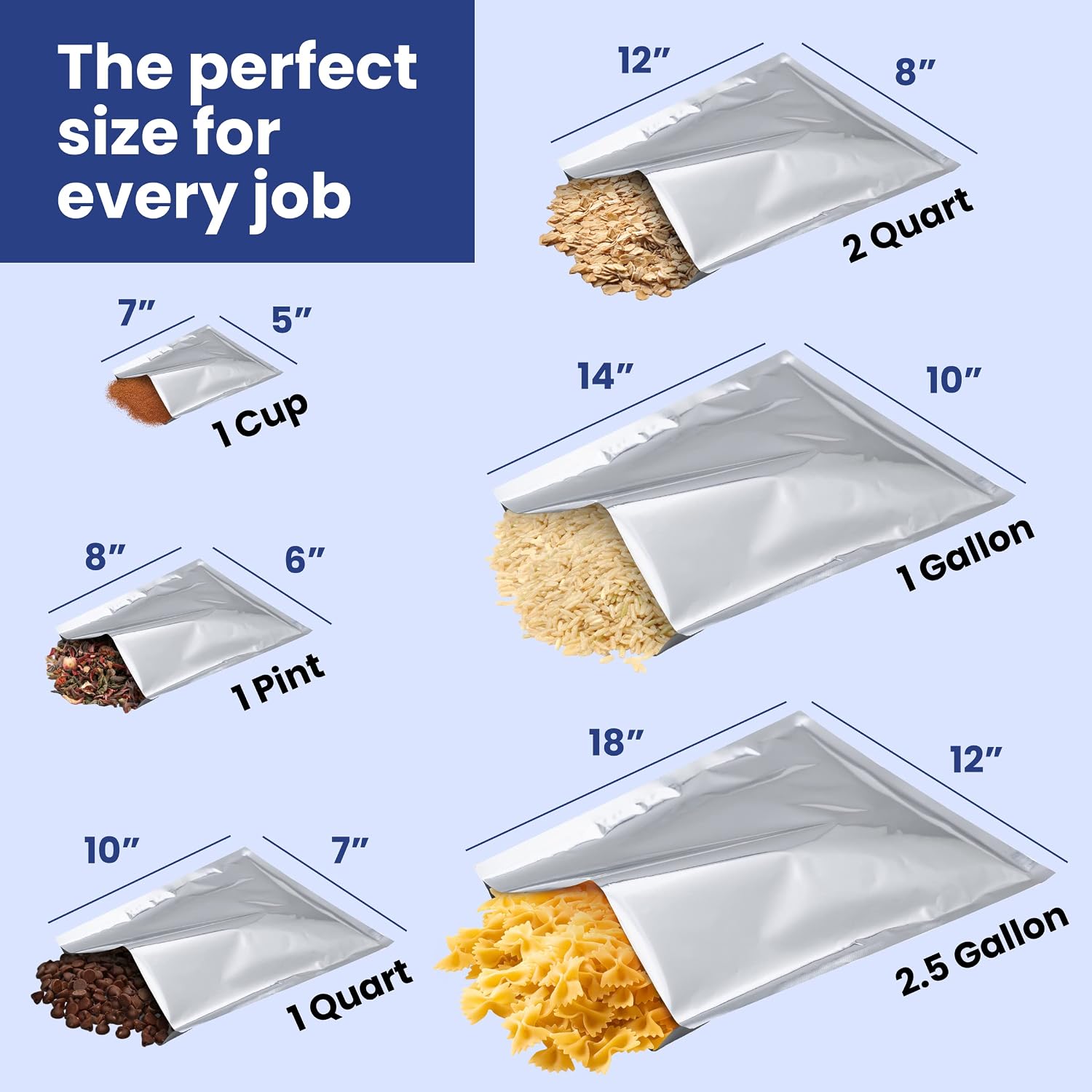 50 Count 1-Quart Mylar Bags with Labels, 5 Mil Total Thickness Long-Term Food Storage Pouches, 7x10 Heat-Sealable