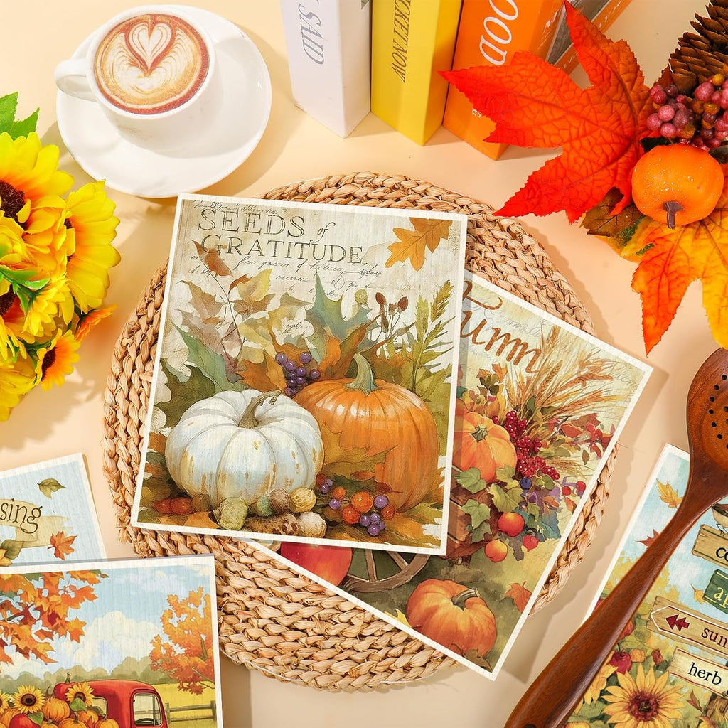 Fall Swedish Dishcloths, Pumpkin, Sunflower, 6 Pcs, 7 x 8 Inch