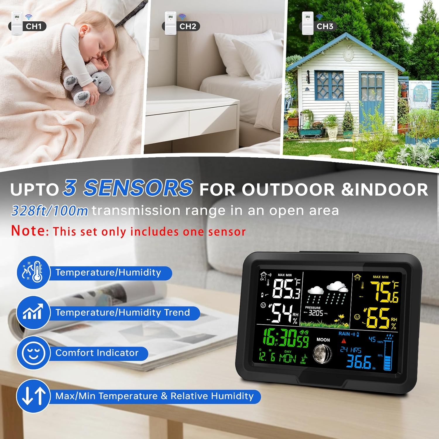 Digital Wireless Rain Gauge Outdoor, Home Weather Station Wireless Indoor Outdoor with Self-Emptying Rain Gauge