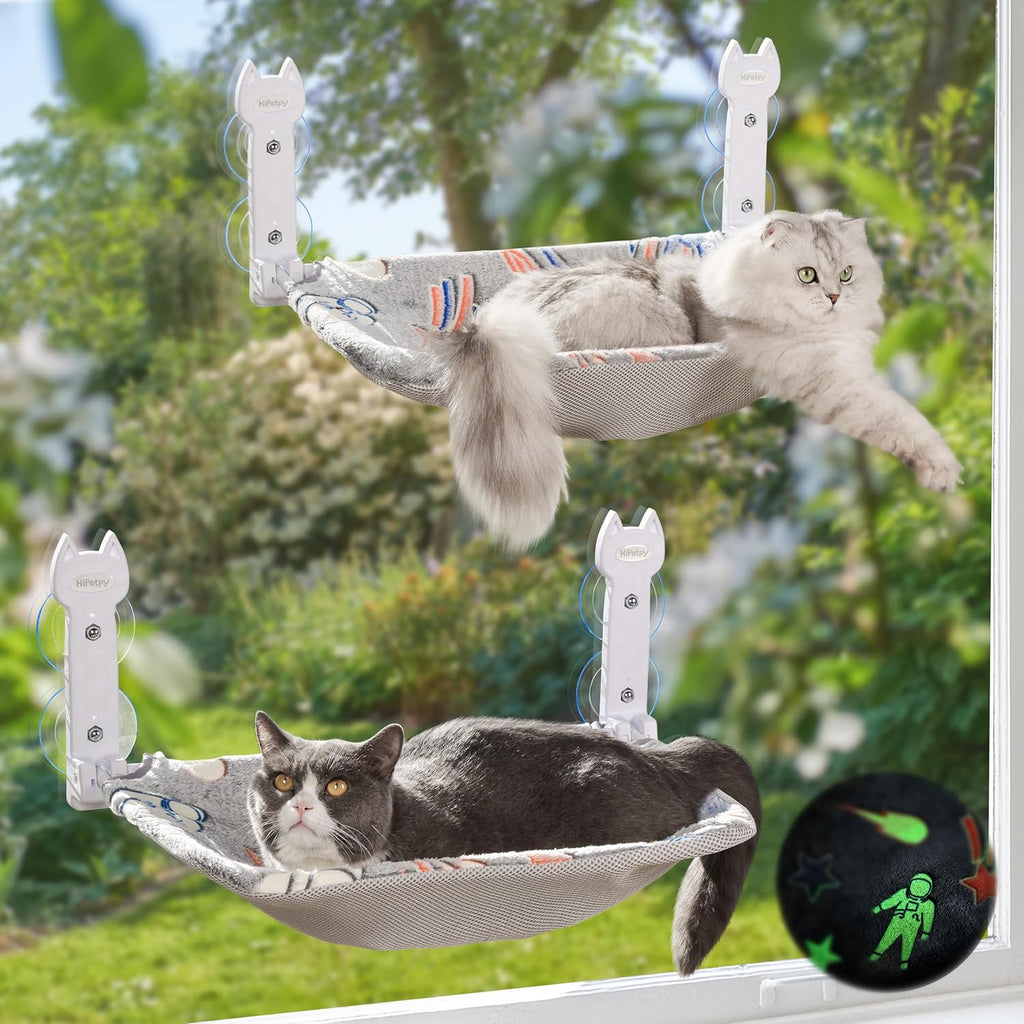 2 Pack Cat Window Perch, Glow in The Dark Foldable Cat Hammock with Sunken Design & Removable Soft Cover, Breathable