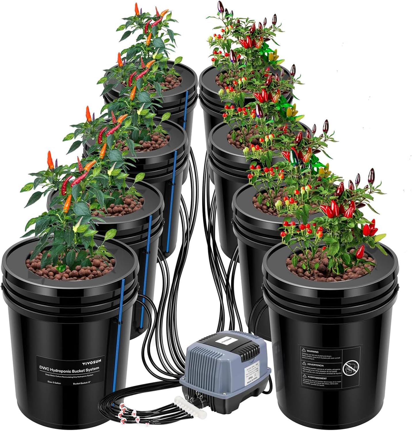 DWC Hydroponics Grow System with Top Drip Kit 8 Buckets | 5-Gallon Deep Water Culture, Recirculating Drip Garden