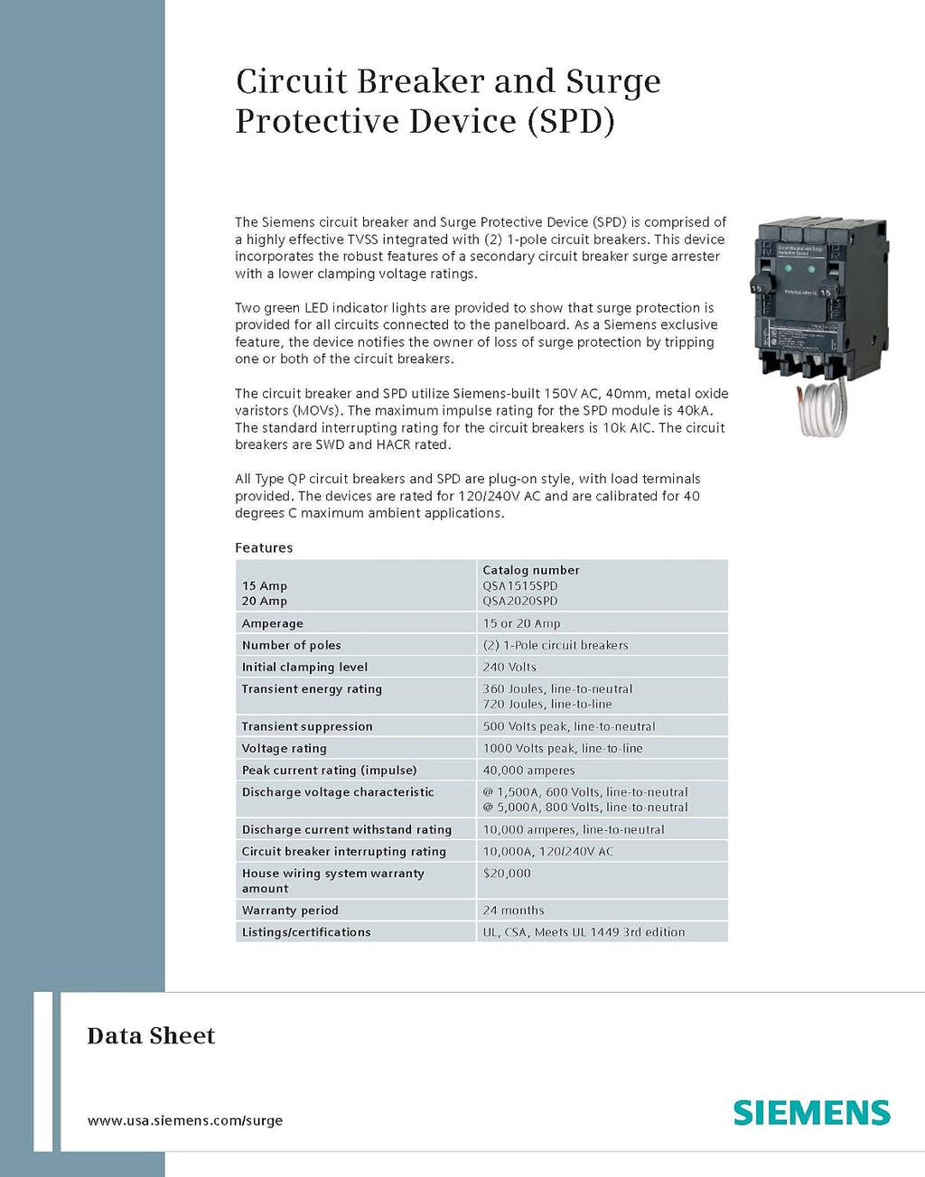 Siemens QSA1515SPD Whole House Surge Protection with Two 15-Amp Circuit Breakers for Use Only on Siemens Panels