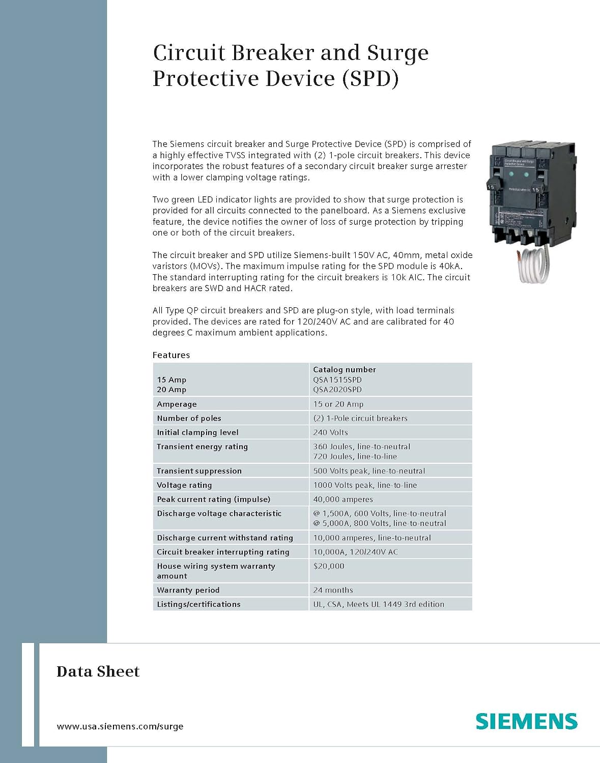Siemens QSA1515SPD Whole House Surge Protection with Two 15-Amp Circuit Breakers for Use Only on Siemens Panels