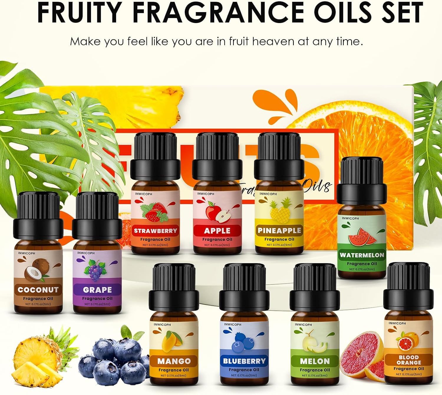 Fruity Fragrance Oil for Candle & Soap Making, INWICOPH Premium Essential Oils 5ml x 10 - Blueberry, Strawberry