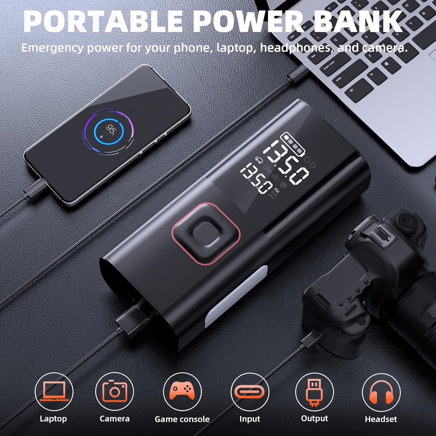Jump Starter with Air Compressor, 5000A Battery Jumper Starter Portable (9L Gas/8L Diesel) with 160PSI Auto-Shutoff