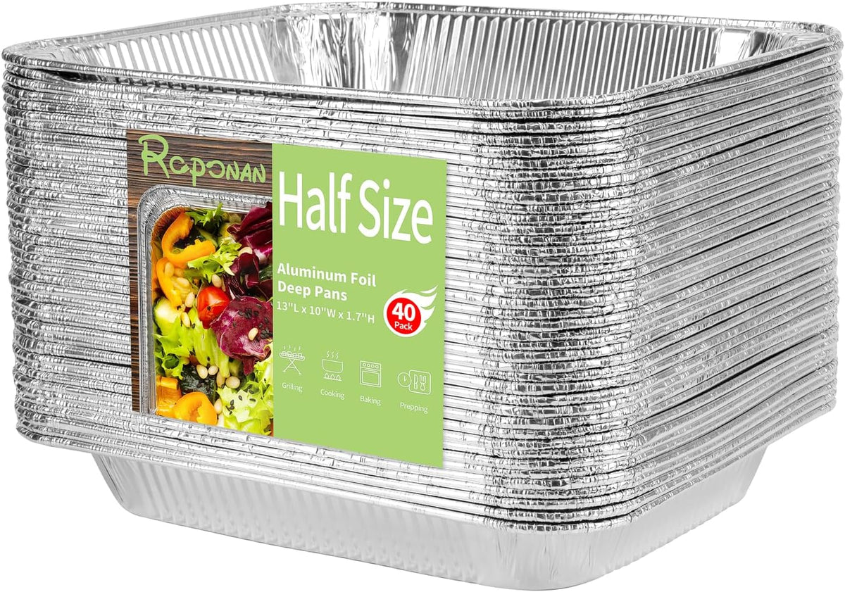 9x13 Aluminum Foil Pans, 40-Pack Half Size Disposable Aluminum Foil Trays, Shallow Steam Table Pans for Cooking