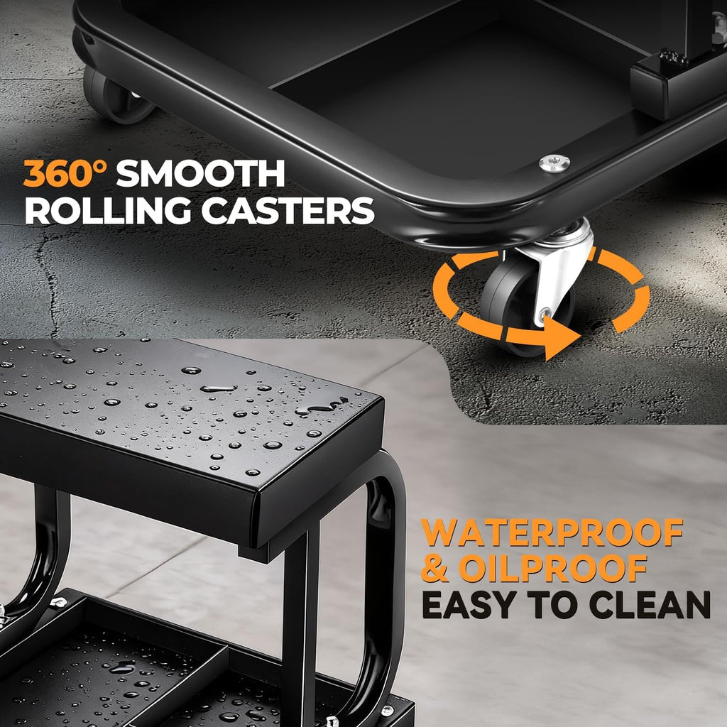 Rolling Mechanic Stool, Padded Shop Seat, w/Tool Tray, Black