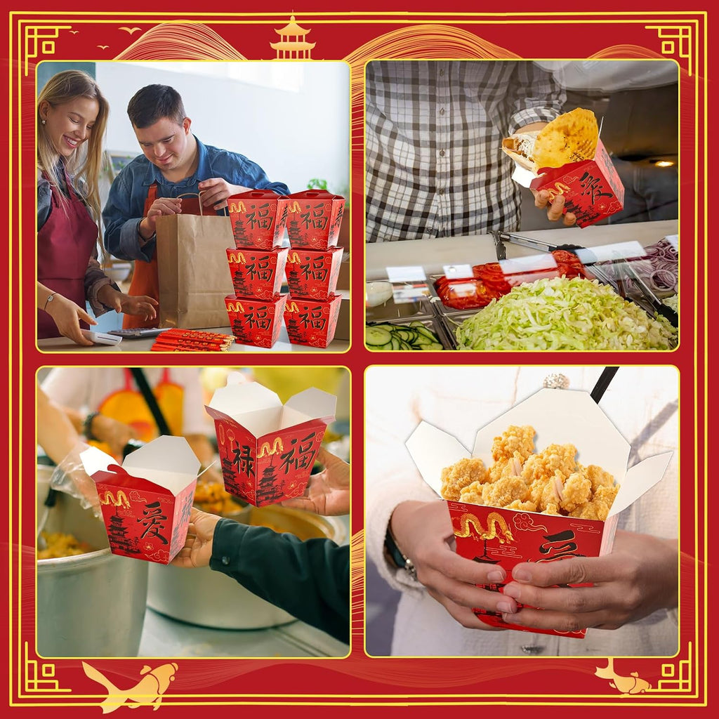 50 Sets Red Chinese Take Out Food Boxes with Chopsticks