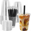 16oz Disposable Clear Plastic Cups with Lids & Straws