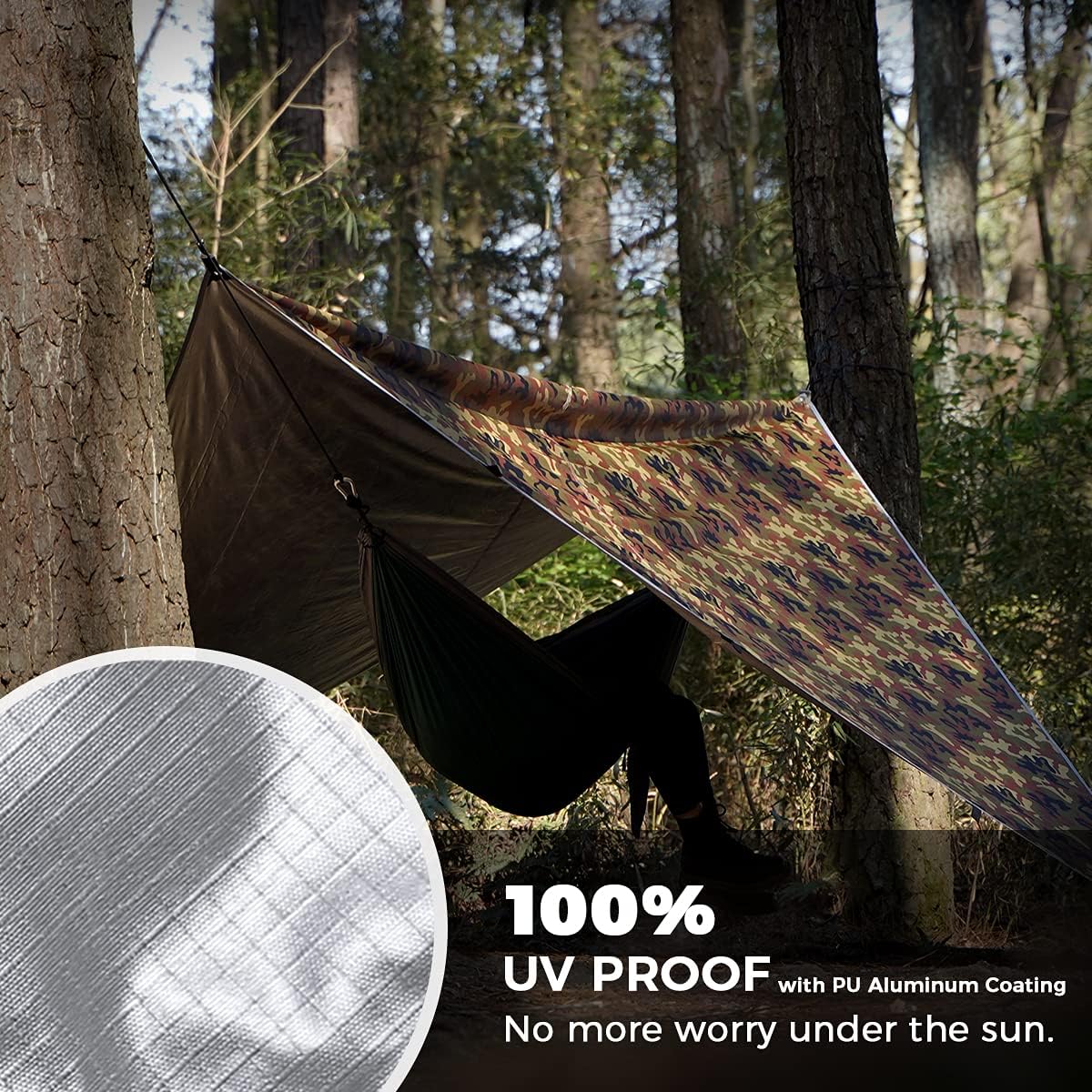 Waterproof Camping Tarp, Lightweight Hammock Rain Fly, UV Protection and PU 3000mm Waterproof Backpacking Tarp, Tent