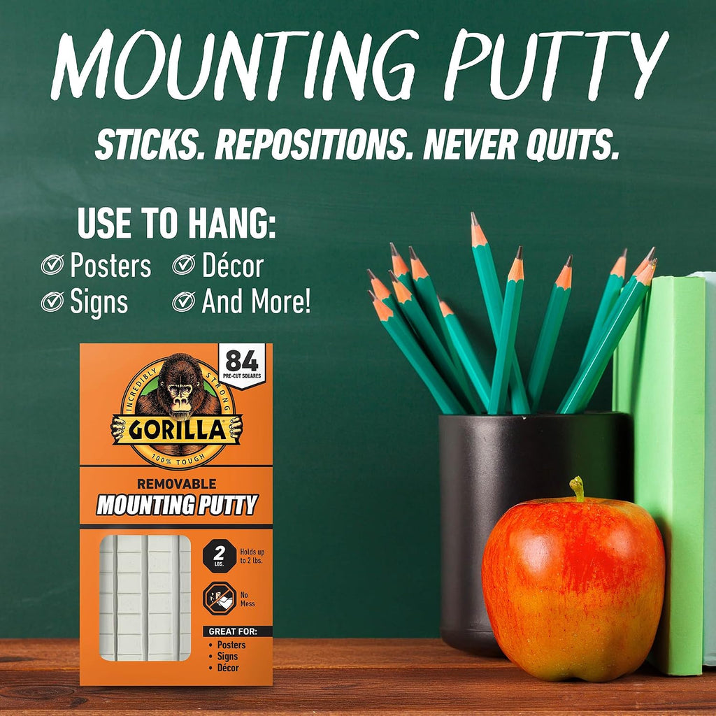 Removable Mounting Putty Reusable & Repositionable Adhesive 84 Count Pre-Cut Squares (Pack of 3) Holds 2 lbs Back to