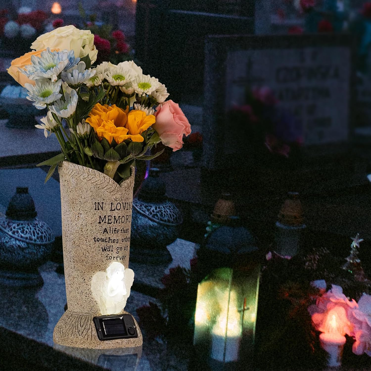Solar Memorial Cemetery Flower Vase with LED for Fresh/Artificial Cemetery Grave Decorations Angel Statue Vase with