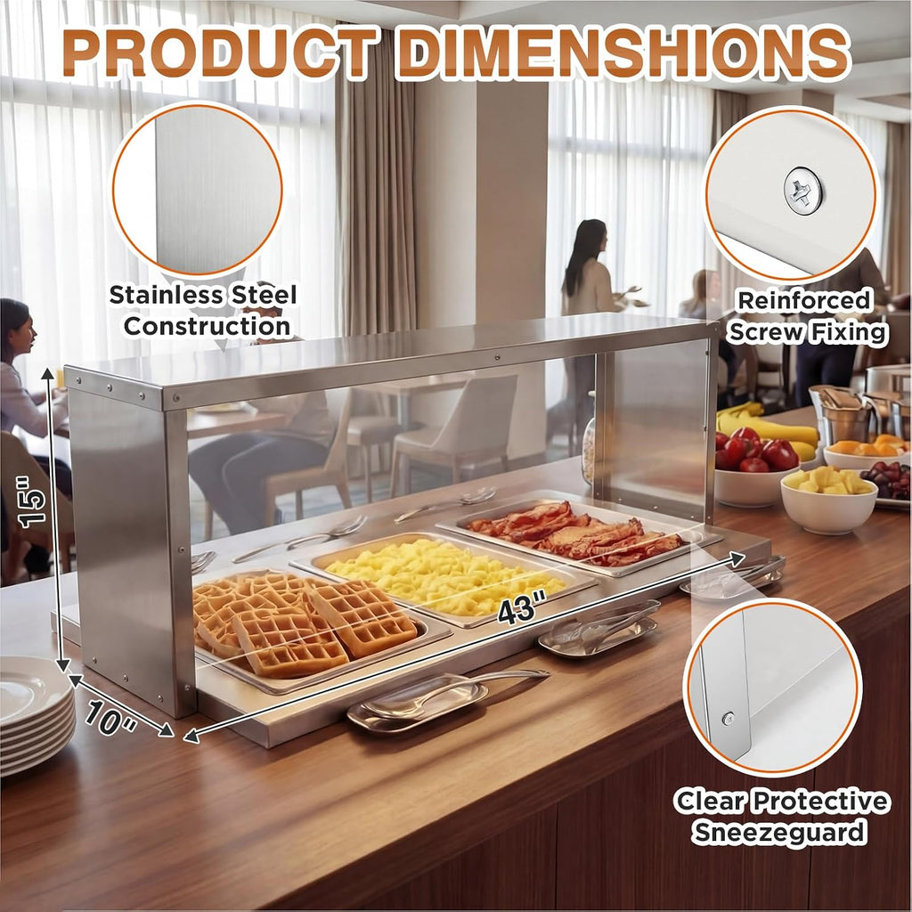 43" Wide Sneeze Guard for Restaurant, Steam Table Overshelf for Stainless Steel 3-Well Steam Table Overshelf