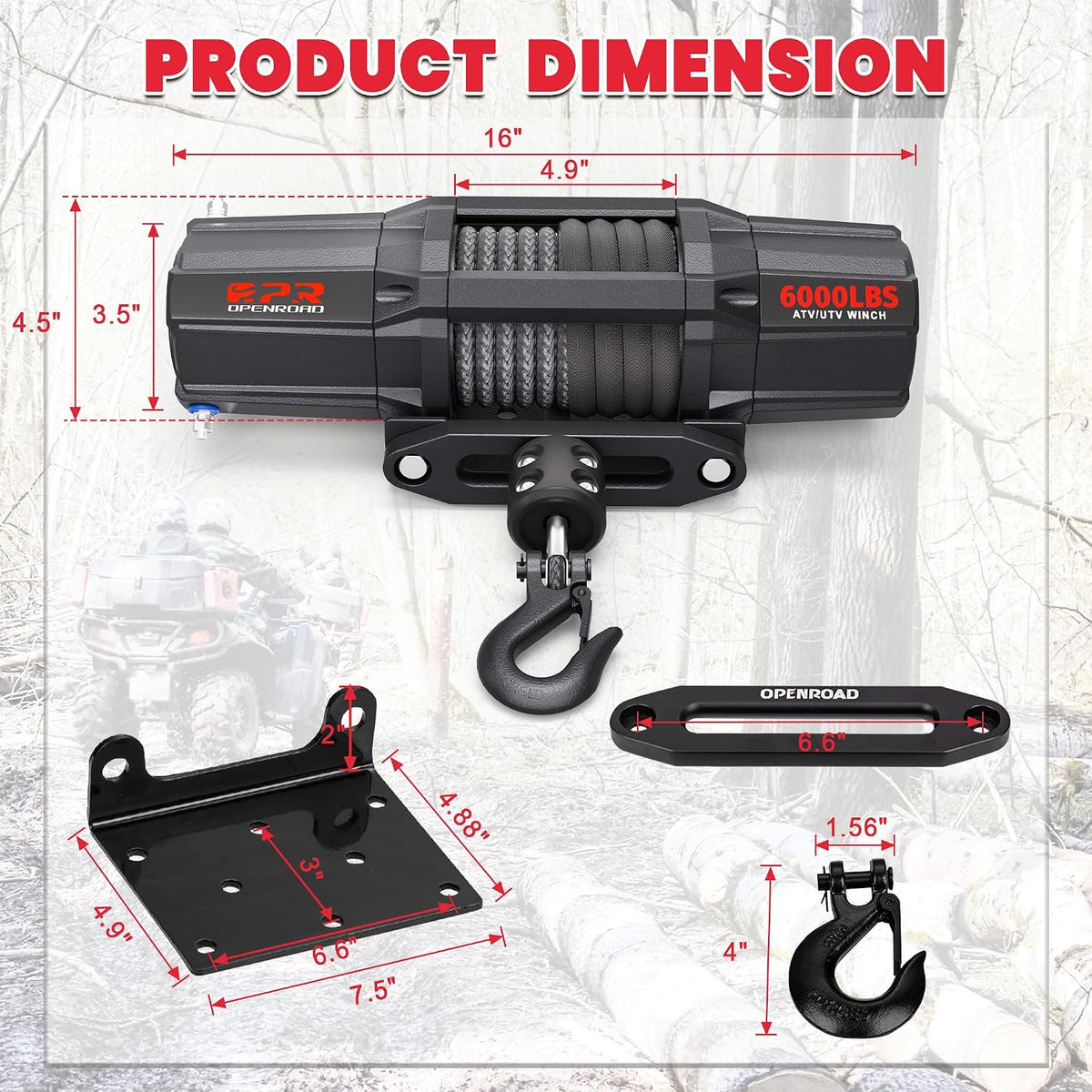 6000 lbs UTV Winch, Waterproof IP67 Electric Trailer 6k Winch with 1/4"×50ft Synthetic Rope,Wireless Remote and Winch
