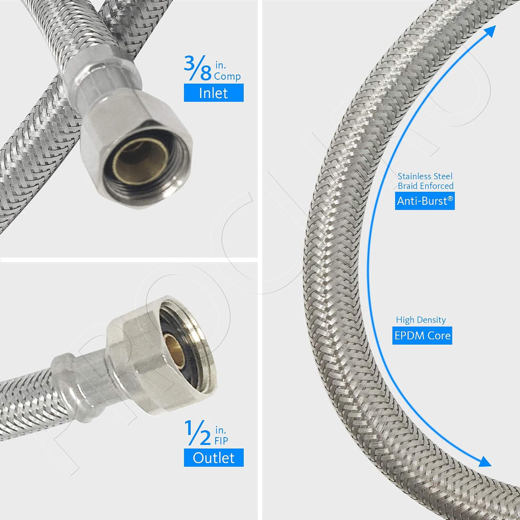 [2-Pack] PROCURU 16-Inch (1.3Ft) x 3/8" Comp x 1/2" FIP Faucet Hose Connector, Stainless Steel Braided Supply Line