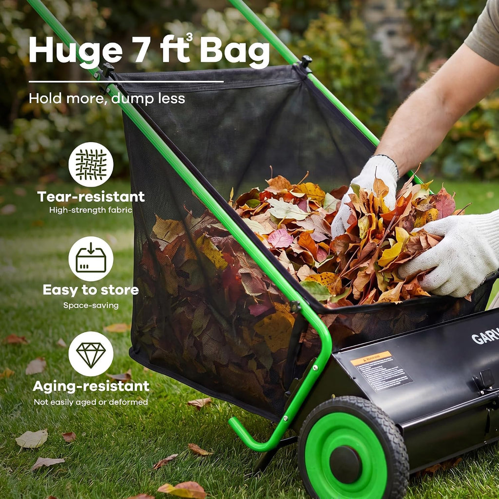 Push Lawn Sweeper, 26 in Leaf & Grass Collector with 7 cu. ft. Hopper Bag, Heavy Duty Yard Sweeper with Clear Dust